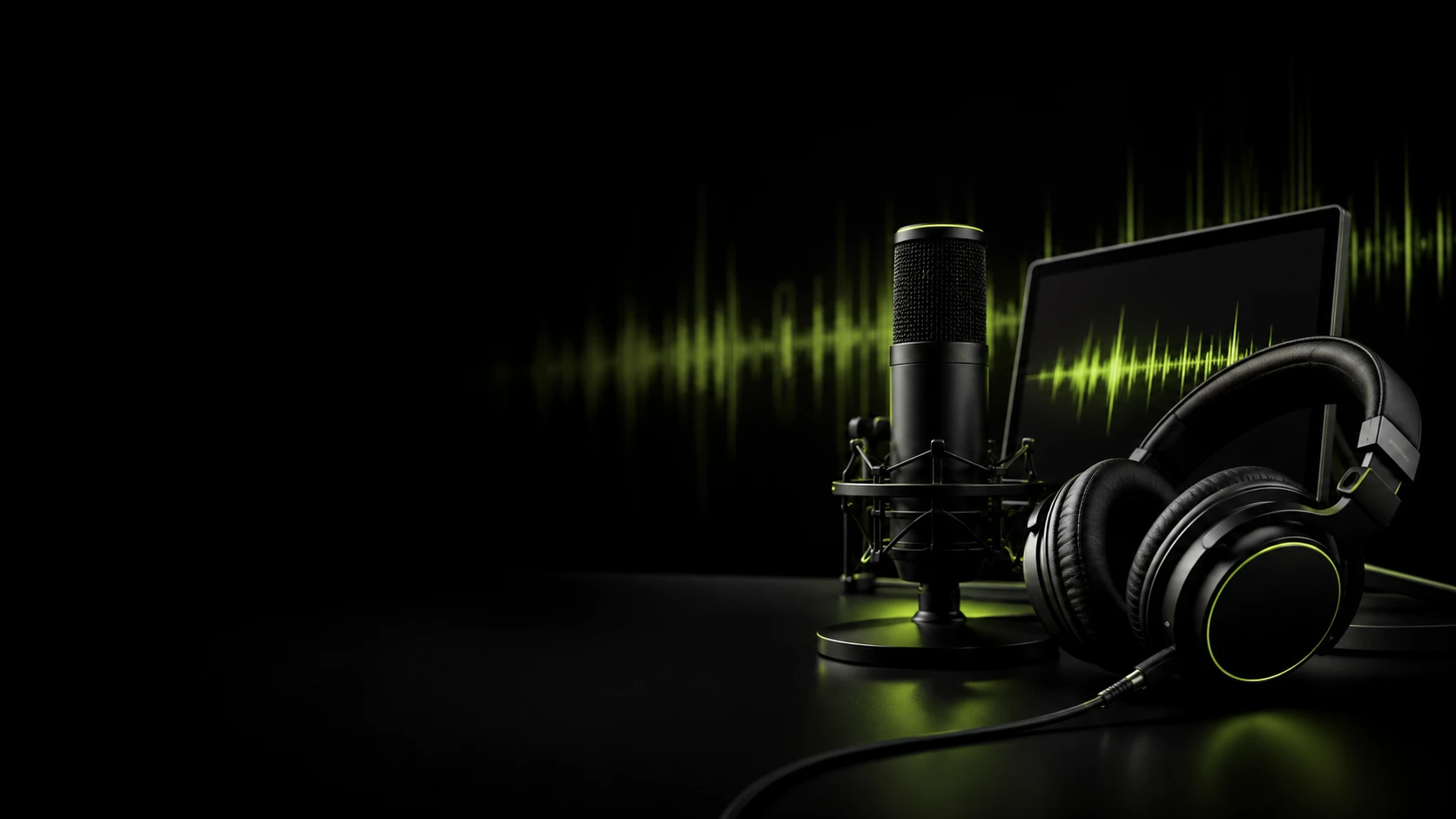 Studio microphone and headphones beside a waveform display