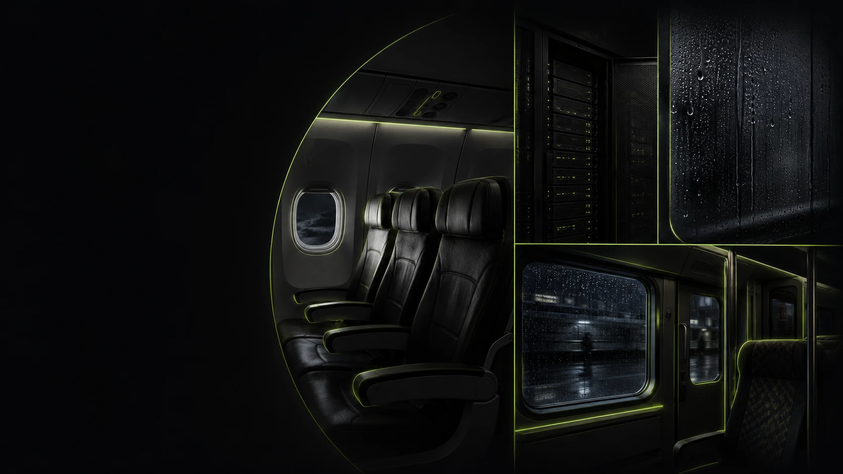 Airplane seats, server racks, and rain-covered windows