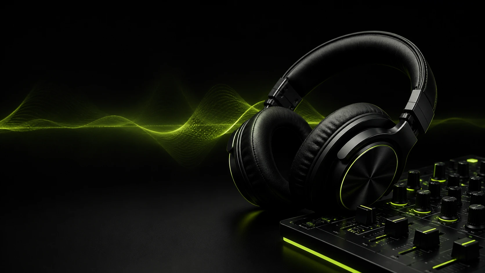 Headphones and an audio mixer beside a green waveform