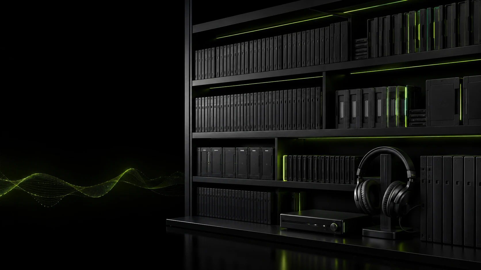 Headphones beside shelves of recording equipment