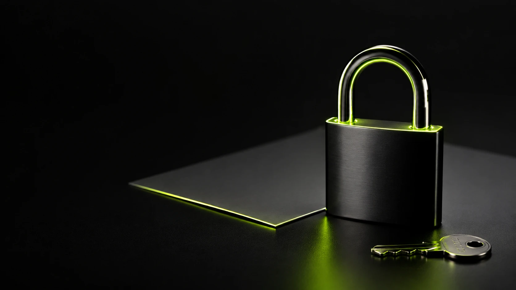 Padlock and key on a dark surface